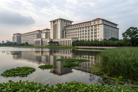 Large hotel building reflecting in a calm lake with water lilies real estate building architecture reflection exterior property accommodation hospitality daylight