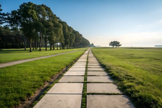 Long paved pathway through a grassy field lined with trees the scene is bathed in sunlight with a clear blue sky concrete pavement outdoors landscape direction perspective daylight tranquil