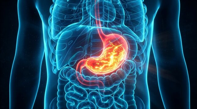 3D render of human digestive system with glowing red inflamed stomach inside blue transparent torso.