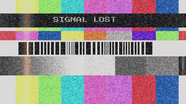 Vintage screen displays a lost signal with static interference and colorful test bars, evoking a retro glitch broadcast effect