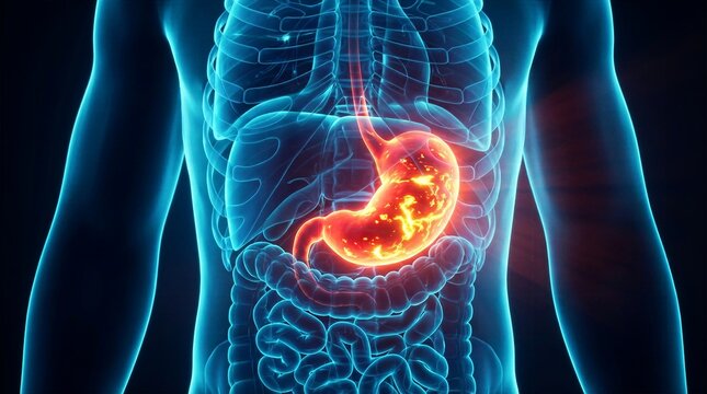 Luminous red inflamed stomach inside blue transparent human digestive system anatomical 3D illustration.