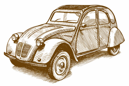 A vintage citro n 2cv sketched in a detailed sepia toned style