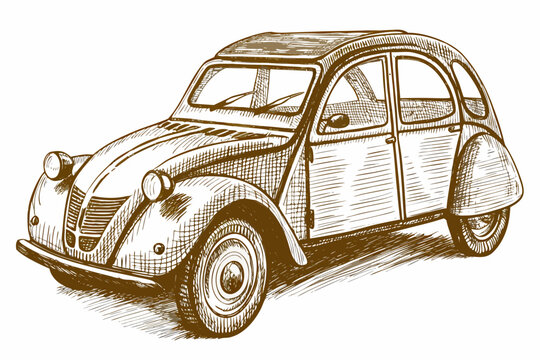 A vintage citro n 2cv car sketched in a detailed brown monochrome style