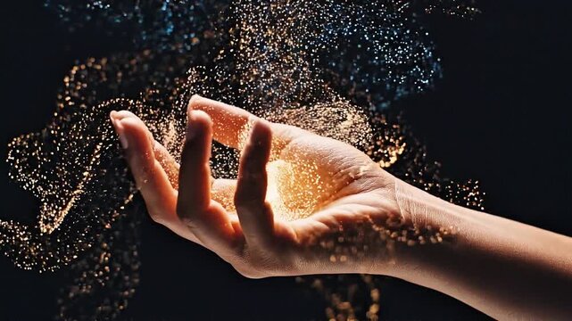 Human Hand Touching Light Particles Futuristic Interaction Background