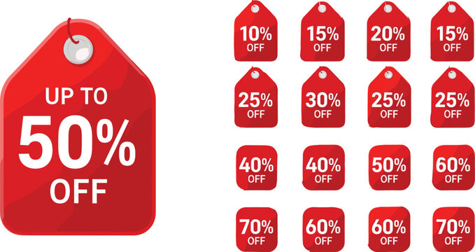 Discount Tags Set with Percentage Off Labels in Red Featuring "Up to 50% Off" for Sales and Promotions