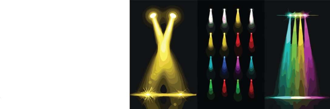 Colorful Spotlight Effects Set Featuring Various Light Beams in Yellow, Red, Blue, and Green for Stage and Event Design