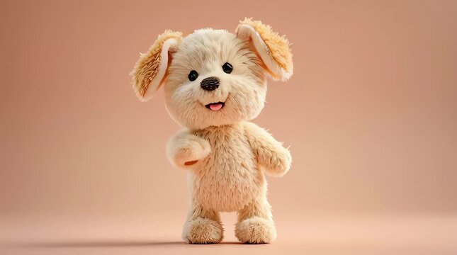 A cream-colored dog in doll style standing upright, smiling and waving its paw slowly, visible seams and soft crafted texture, pastel background, gentle lighting