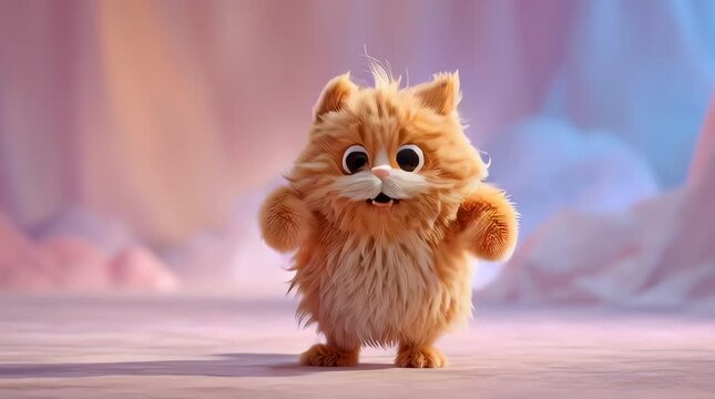 A fluffy puppet-style orange tabby cat with oversized soft fur, dancing energetically on a pastel-colored stage, subtle fabric texture visible, big glossy button eyes