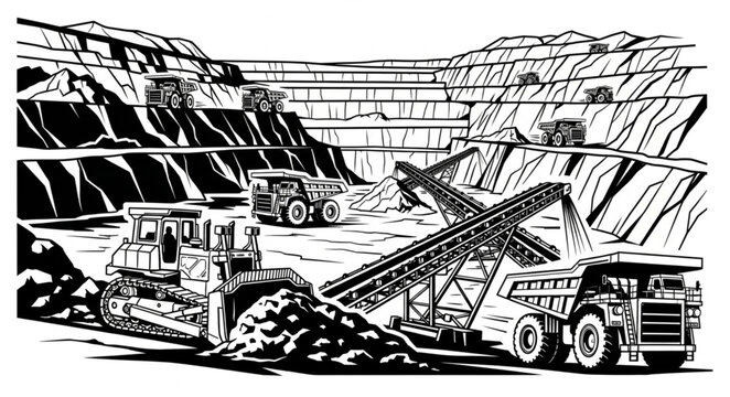 Heavy machinery working in a large open pit mine.