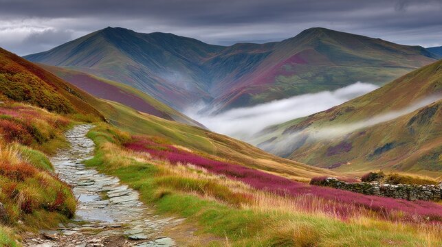 Winding stone footpath traverses vibrant hillside leading toward misty mountain valley
