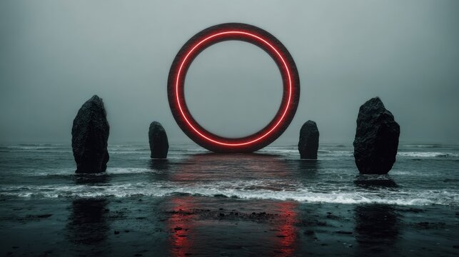 Glowing circular structure stands amidst dark coastal monoliths on a misty sea