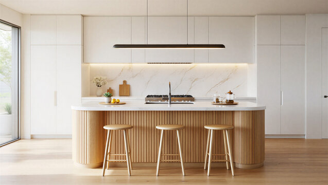 Contemporary Minimalist Kitchen with Fluted Wood Island, White Marble, and Sleek Lighting