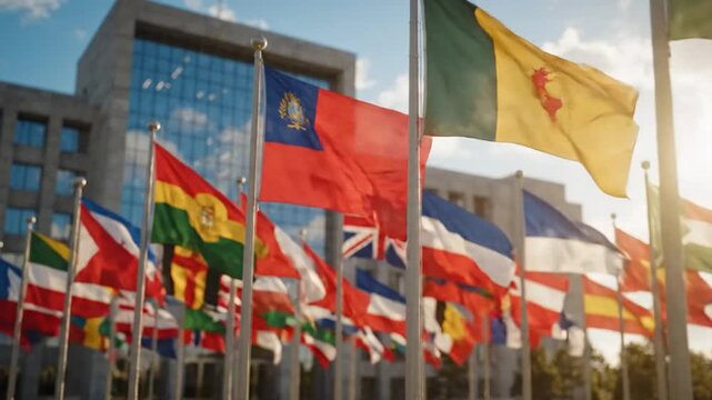 Many international flags wave in unison outside a modern building structure.