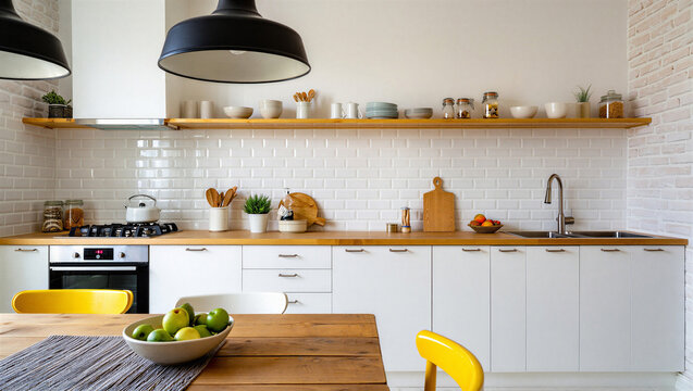 Bright and Cozy Modern Kitchen with Open Shelving, White Subway Tiles, and Wooden Table