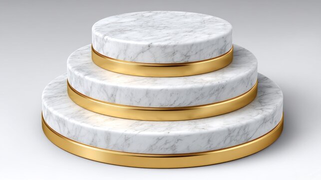 Three tiered circular display podium constructed from white marble with polished gold banding