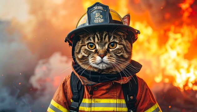 A cat in firefighter gear standing in a burning background