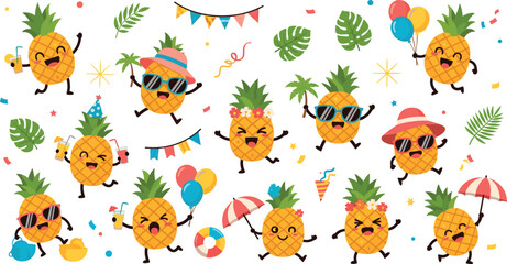 Obraz premium Vector Collection of Cute and Fun Pineapples with Party Accessories, Balloons, Sunglasses, and Tropical Decorations for Summer, Celebration, and Festive Illustrations