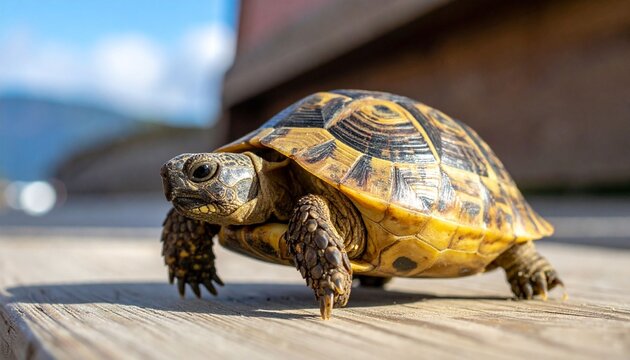Turtle walking on wooden surface