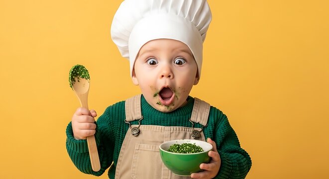 Adorable baby chef covered in green food, wide-eyed with surprise, holding spoon and bowl