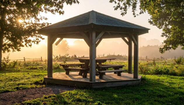 Wooden gazebo in sunlight