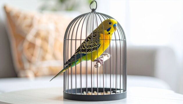 Yellow parakeet in decorative cage