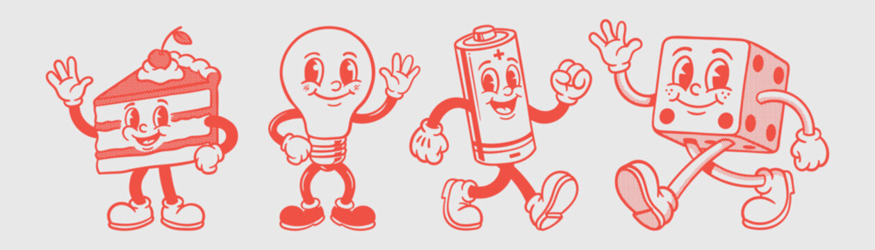 Vector illustration collection pack set of retro groovy cartoon character. retro mascot cartoon characters, groovy cartoons vintage rubber hose style