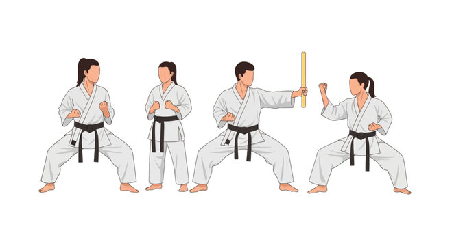 Karate practitioners in white gi perform martial arts stances, one holding a bo staff.