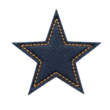 A star shaped patch made of dark blue denim fabric featuring gold decorative contrast stitching isolated on transparent background