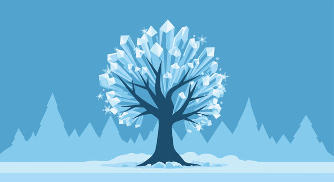 Magical Ice Tree with Crystals and Snowflakes on Snowy Landscape Background