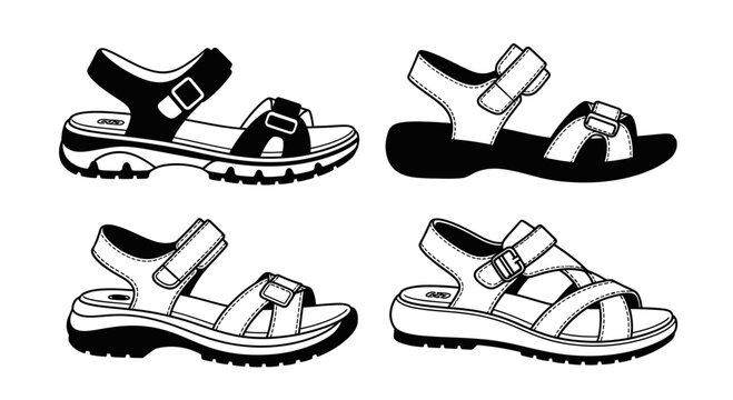 Set of four black and white line drawings of women's casual sandals