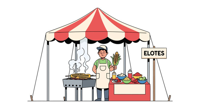 Street vendor selling grilled corn elotes from a food stall with toppings