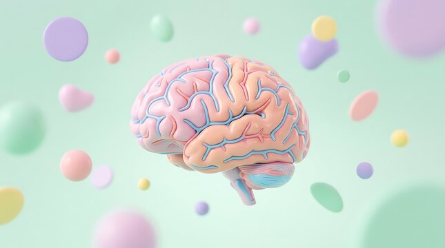 Colorful Brain Illustration with Floating Spheres and Abstract Background.