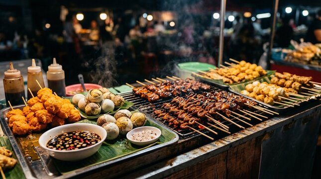 A variety of street food at the night market, including kebabs and duck egg balut (Anas platyrhynchos).