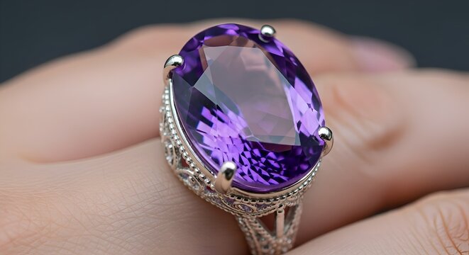 Stunning oval amethyst ring with intricate silver setting on a hand, close-up macro shot