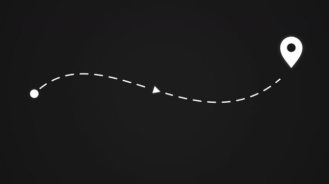 Animated dashed route line leading to map pin location on dark background. White navigation path with arrow and destination marker. Minimal travel and map concept. GPS and logistics icon design.