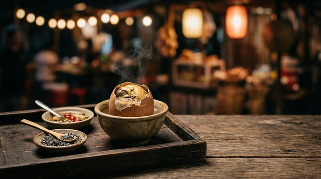 Egg balut with broth (Anas platyrhynchos) served in a ceramic bowl with traditional sauces.