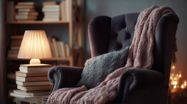Cozy reading corner featuring a plush velvet armchair with a knitted throw blanket and soft pillow illuminated by a warm glowing table lamp on a stack of books in a quiet library home interi