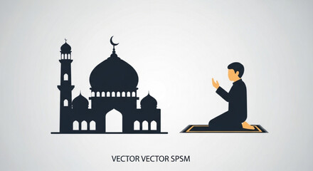 Man in prayer beside a mosque with a crescent moon on a simple background © Umair