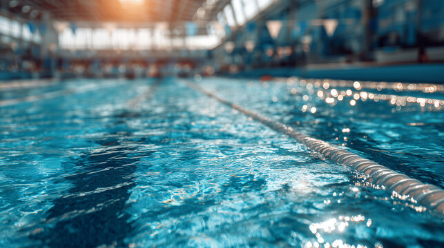 Empty swimming pool lanes at indoor aquatic center with sparkling water surface reflections and soft sunlight glowing on blue rippling water for athletic training and fitness background