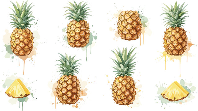 Vector Collection of Watercolor Pineapples with Fresh Slices and Colorful Splashes for Tropical, Summer, and Fruit Illustrations