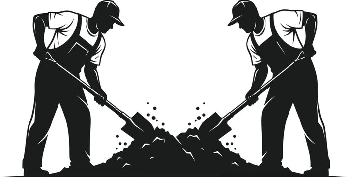 Vintage construction workers digging with shovels, manual labor silhouette, builder vector