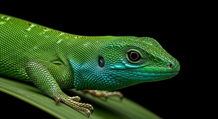 Fototapeta premium Close-up of a vibrant green lizard with blue accents on a leaf against black
