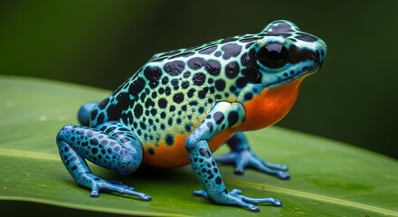 Obraz premium Close-up of a vibrant poison dart frog on a lush green leaf, highlighting its colorful skin