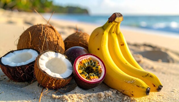 Tropical fruits on sandy beach