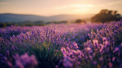 Fototapeta premium Stunning lavender field at sunset with golden hour light blooming purple flowers in Provence France landscape photography featuring soft bokeh background and peaceful atmosphere for tranquil