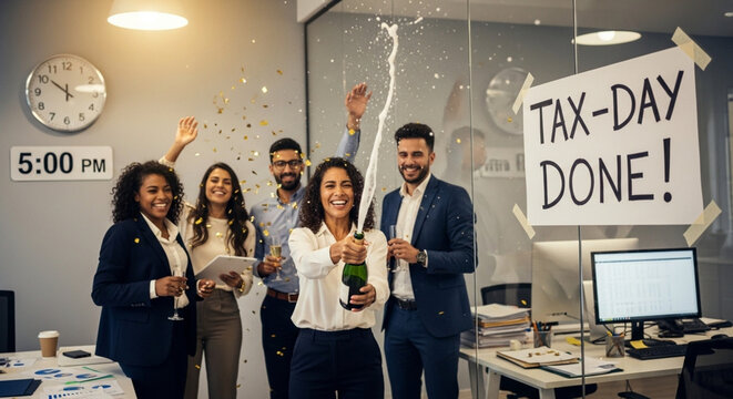 Celebrating the completion of tax day at the office with enthusiasm and teamwork