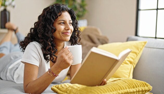 Woman reads book and drinks coffee