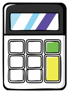 Calculator cartoon style, education tool for business or finance, adding machine, device with digital display