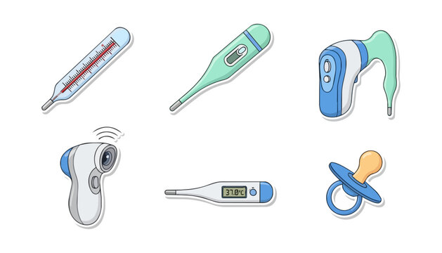 Medical thermometers and pacifier collection on black background