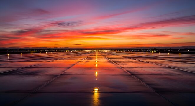 Vibrant sunset over a wet airport runway with runway lights reflecting.